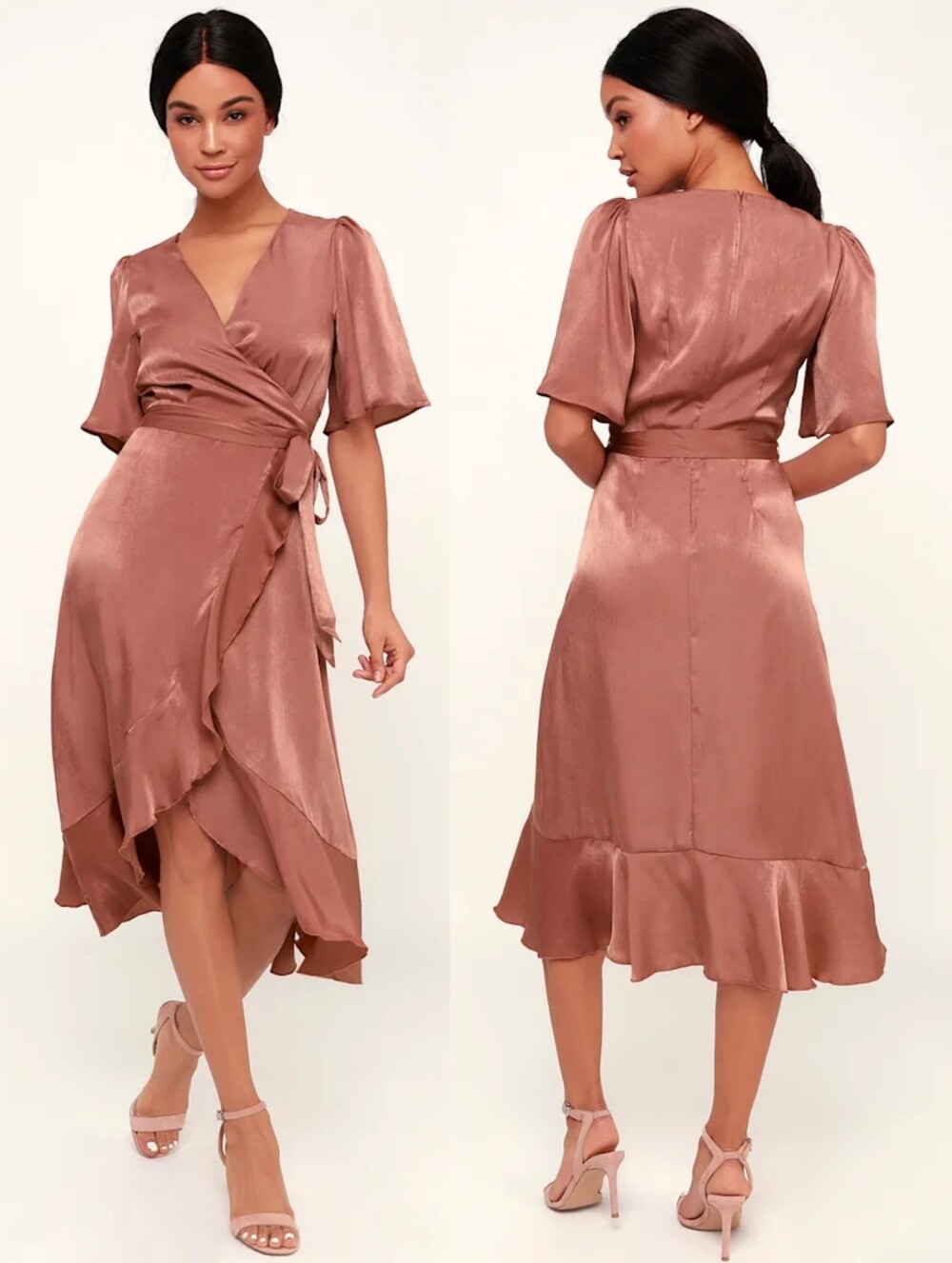 Lulus Wrapped Up In Love Mauve Satin Faux-Wrap Midi Dress XL
